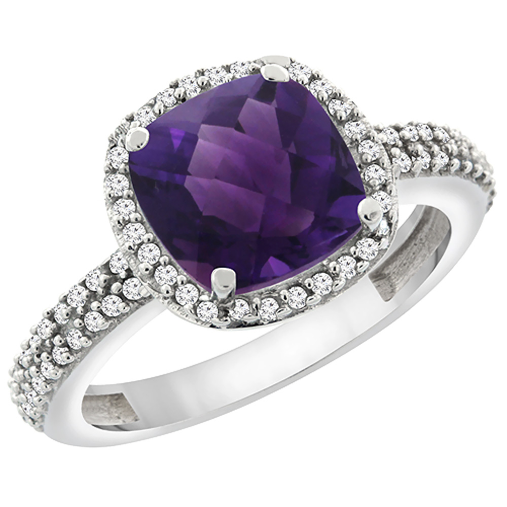 14K White Gold Natural Amethyst Cushion 8x8 mm with Diamond Accents, sizes 5 - 10