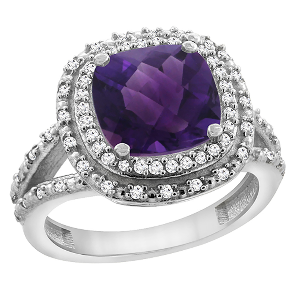 14K White Gold Natural Amethyst Ring Cushion 8x8 mm with Diamond Accents, sizes 5 - 10