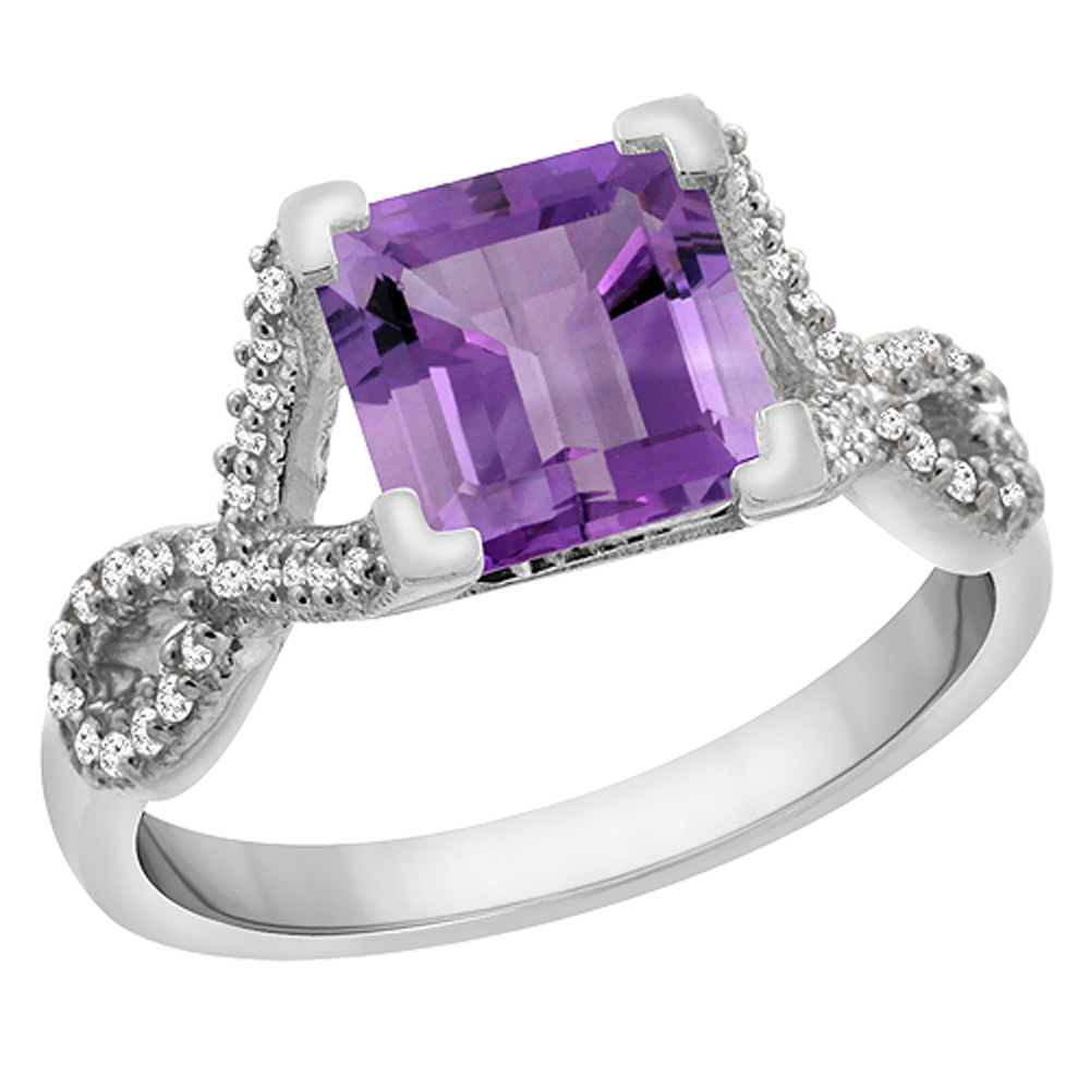 14K White Gold Natural Amethyst Ring Square 7x7 mm Diamond Accents, sizes 5 to 10