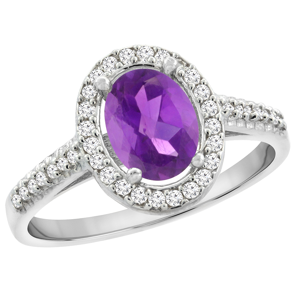 14K White Gold Natural Amethyst Engagement Ring Oval 7x5 mm Diamond Halo, sizes 5 - 10