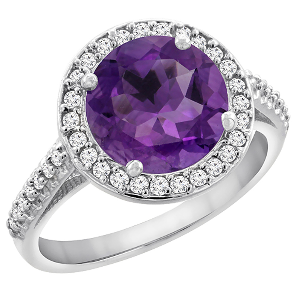 14K White Gold Natural Amethyst Ring Round 8mm Diamond Halo, sizes 5 to 10
