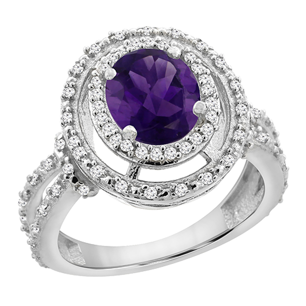 14K White Gold Natural Amethyst Ring Oval 8x6 mm Double Halo Diamond, sizes 5 - 10
