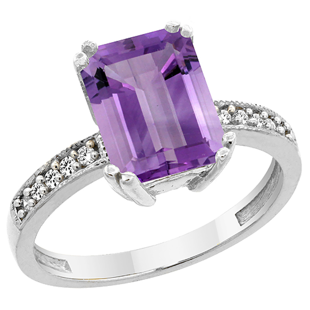 14K White Gold Natural Amethyst Ring Octagon 10x8mm Diamond Accent, sizes 5 to 10