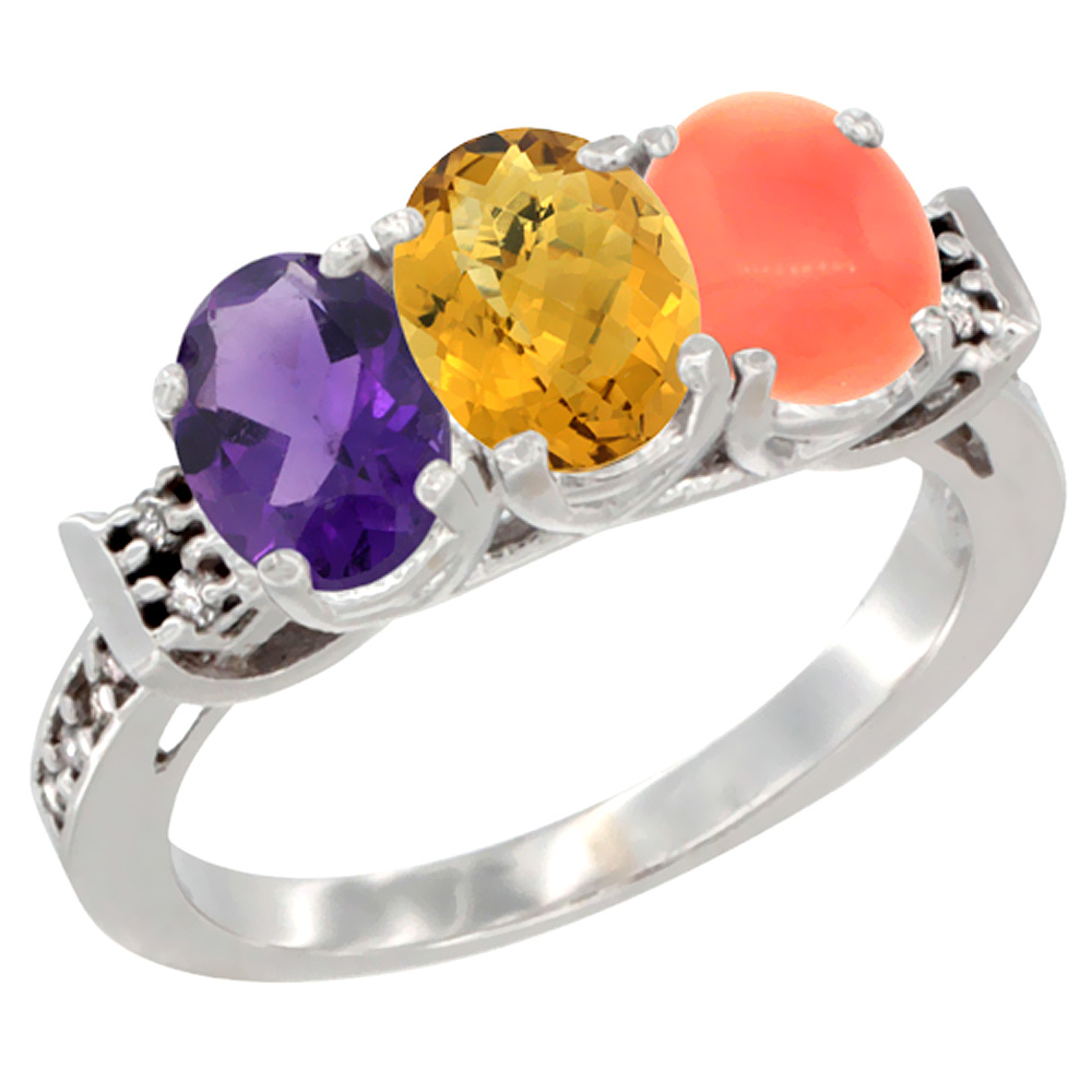 14K White Gold Natural Amethyst, Whisky Quartz & Coral Ring 3-Stone 7x5 mm Oval Diamond Accent, sizes 5 - 10