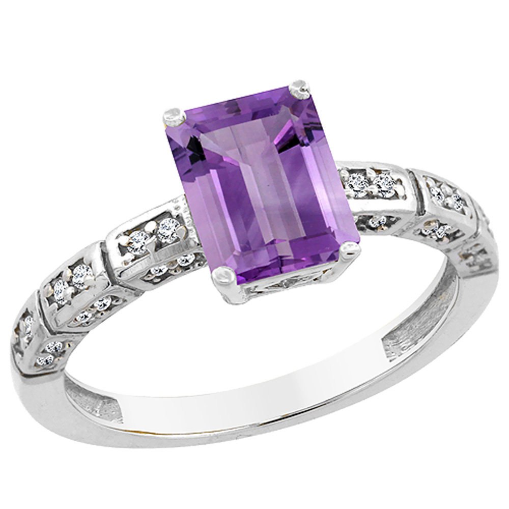 14K White Gold Natural Amethyst Octagon 8x6 mm with Diamond Accents, sizes 5 - 10