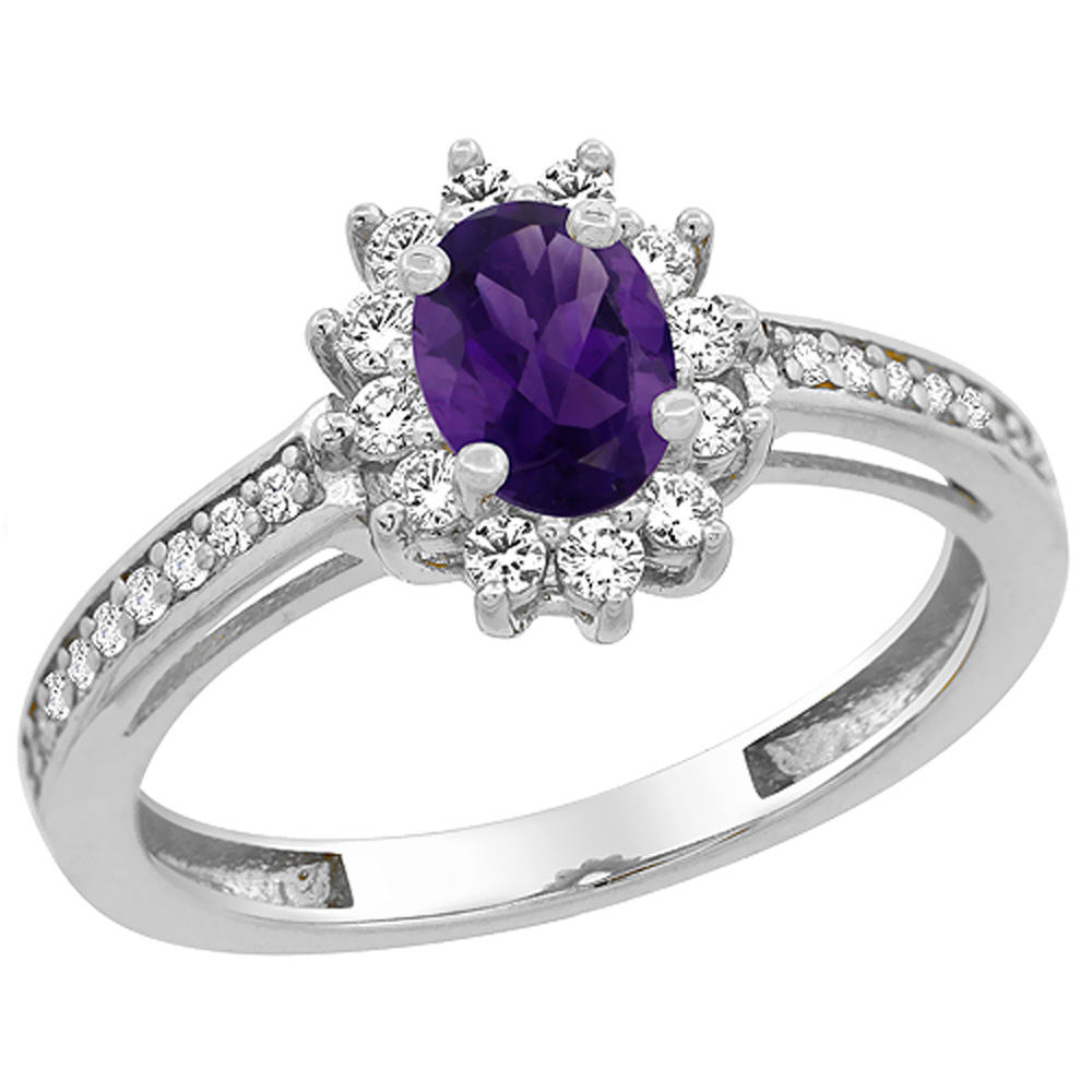 10K White Gold Diamond Halo Genuine Amethyst Flower Ring Oval 6x4 mm Accents sizes 5 - 10