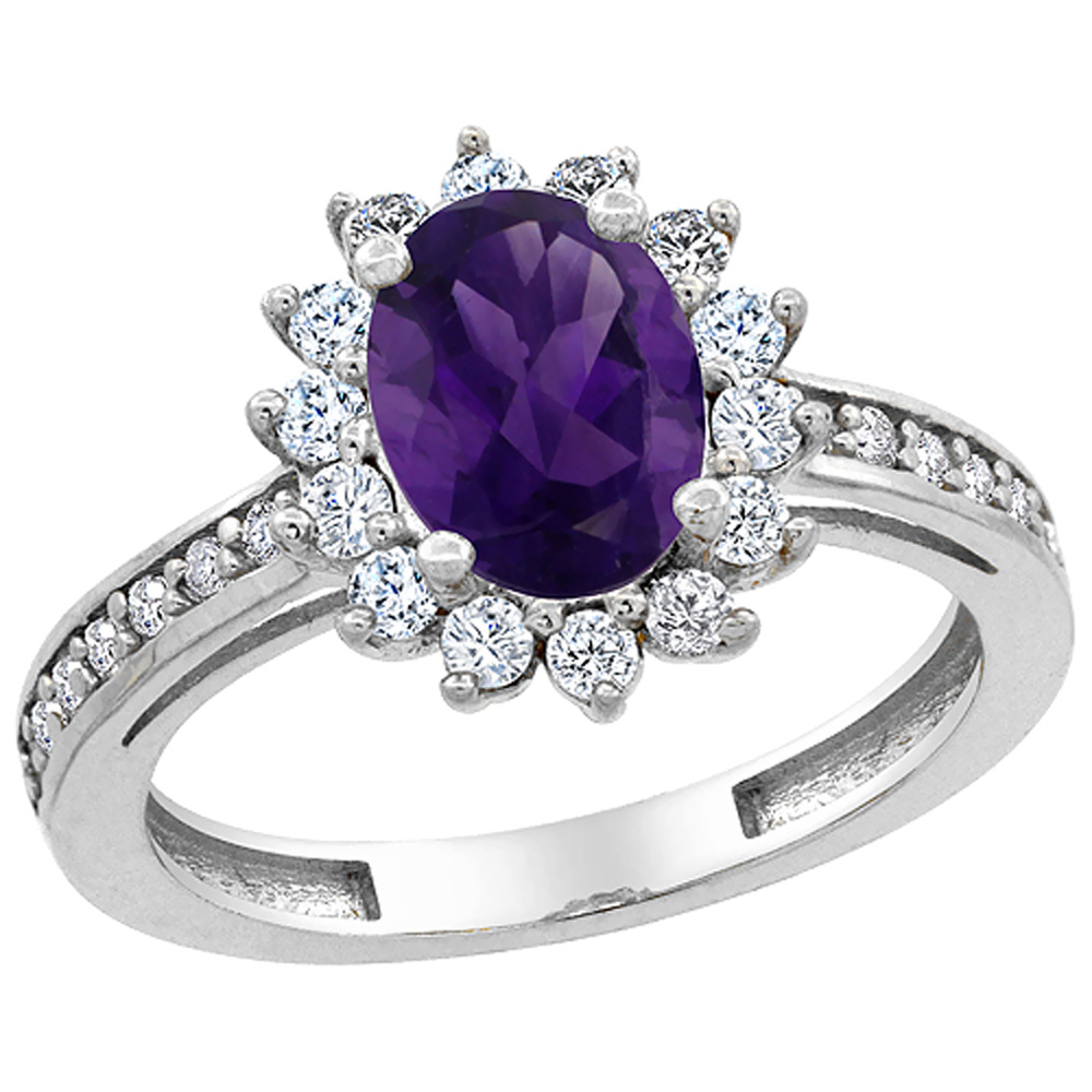 10K White Gold Diamond Halo Genuine Amethyst Floral Ring Oval 8x6mm Accents sizes 5 - 10