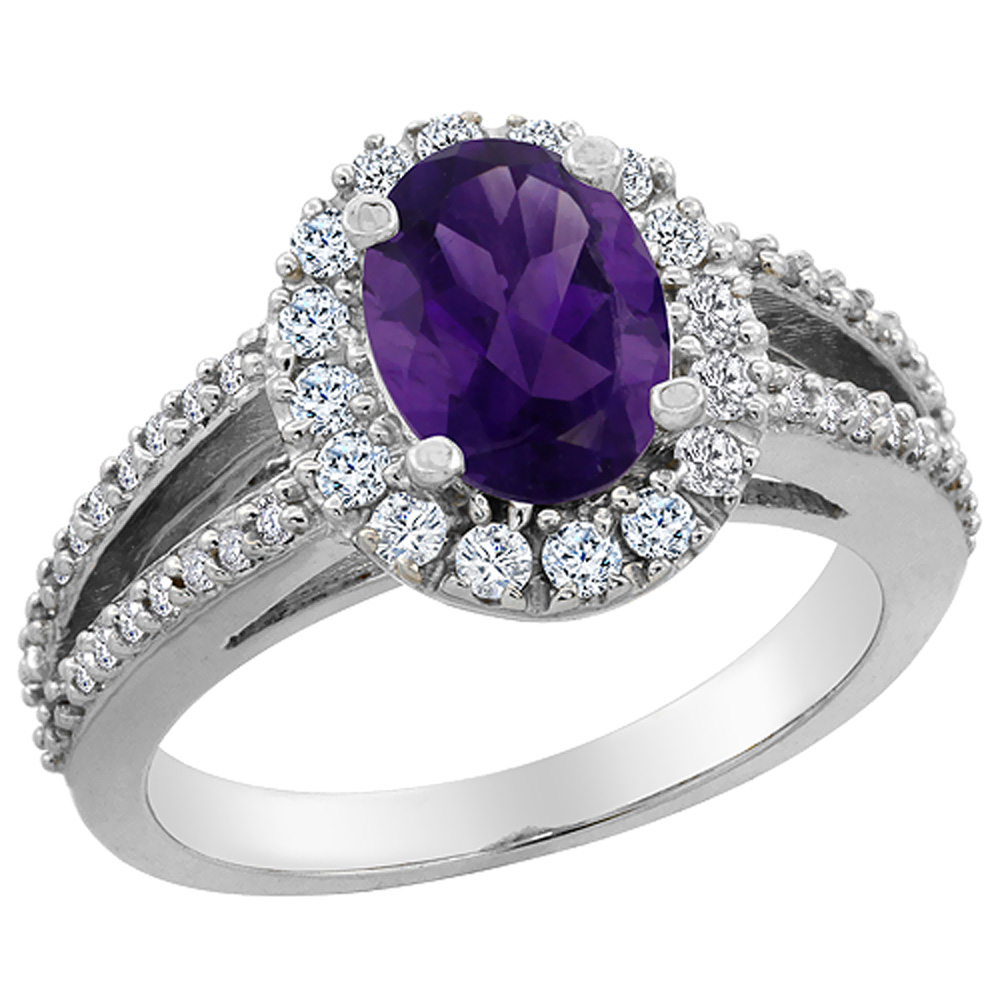 14K White Gold Natural Amethyst Halo Ring Oval 8x6 mm with Diamond Accents, sizes 5 - 10