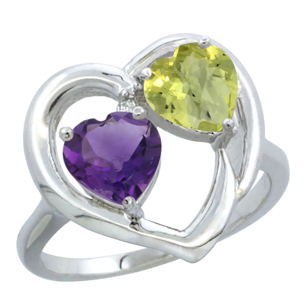 10K White Gold Diamond Two-stone Heart Ring 6mm Natural Amethyst & Lemon Quartz, sizes 5-10