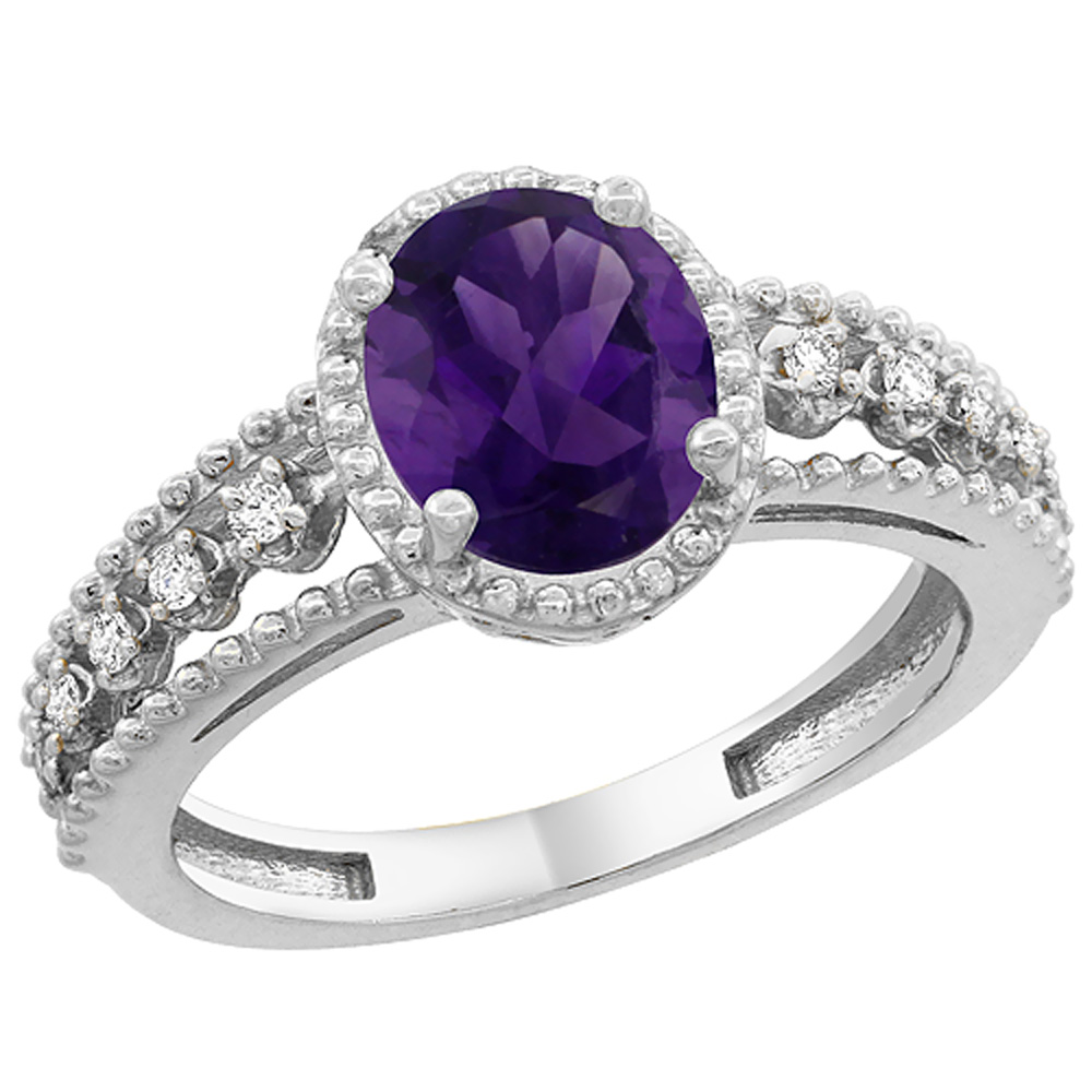 10K White Gold Genuine Amethyst Ring Oval 9x7 mm Floating Diamond Accents sizes 5 - 10