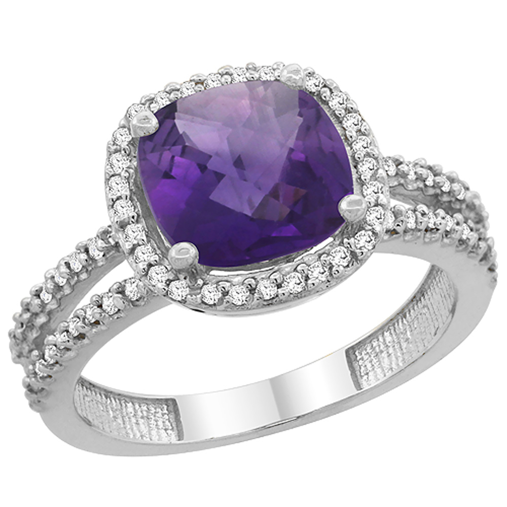 14K White Gold Natural Amethyst Ring Cushion-cut 8x8 mm 2-row Diamond Accents, sizes 5 - 10