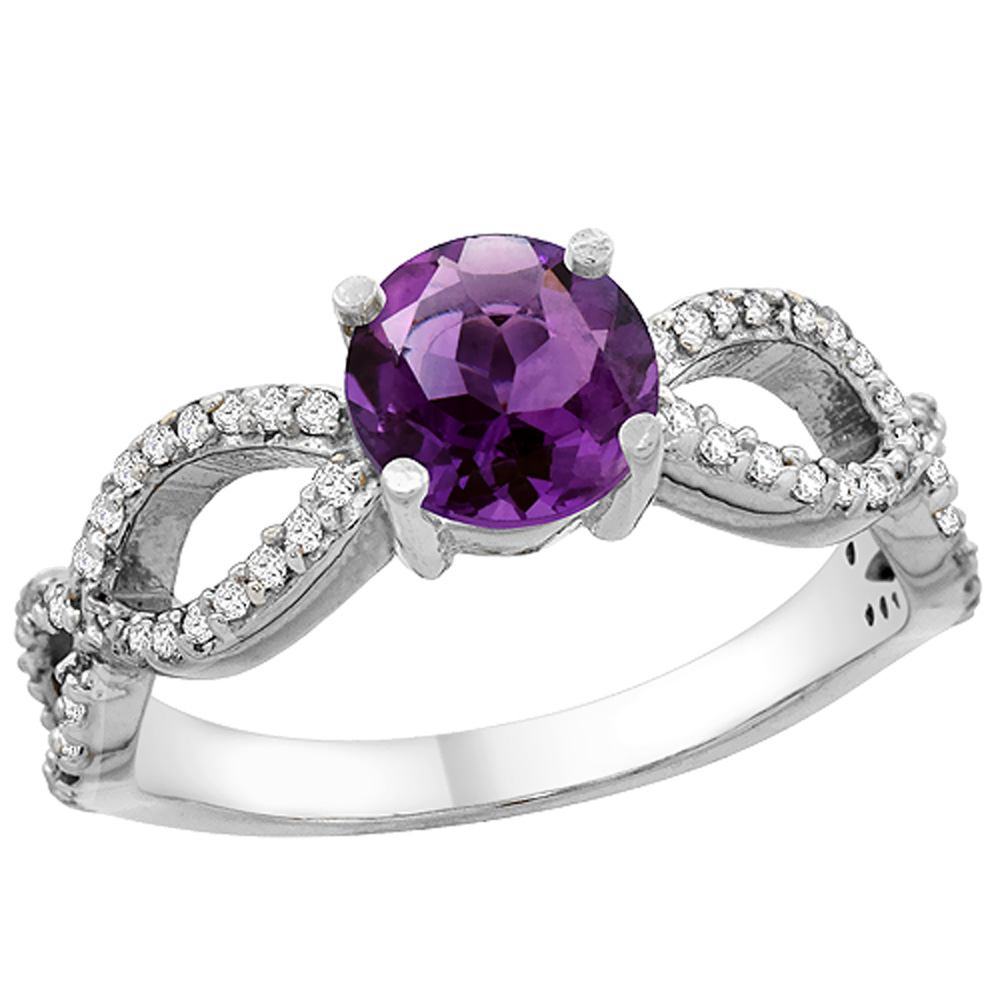 14K White Gold Natural Amethyst Ring Round 6mm Infinity Diamond Accents, sizes 5 - 10