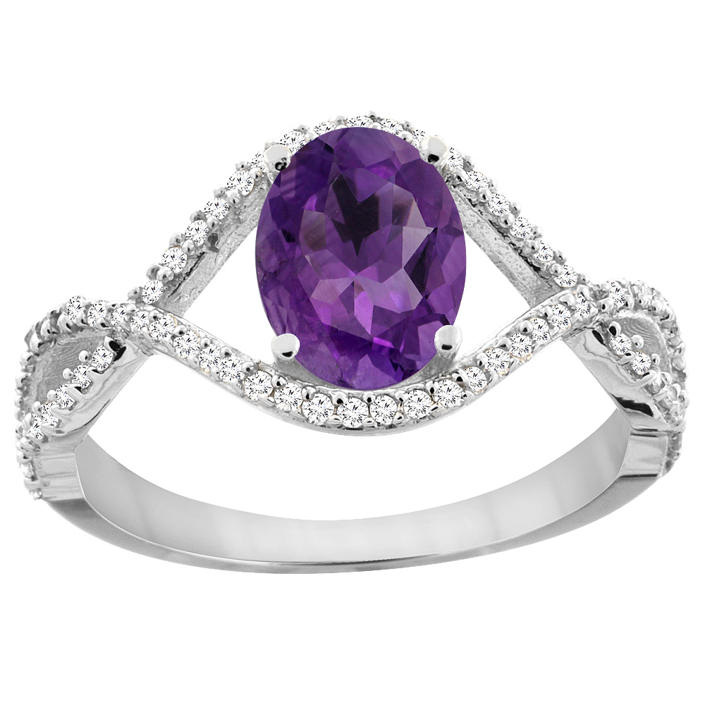 14K White Gold Natural Amethyst Ring Oval 8x6 mm Infinity Diamond Accents, sizes 5 - 10
