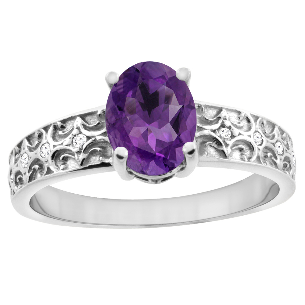 14K White Gold Natural Amethyst Ring Oval 8x6 mm Diamond Accents, sizes 5 - 10