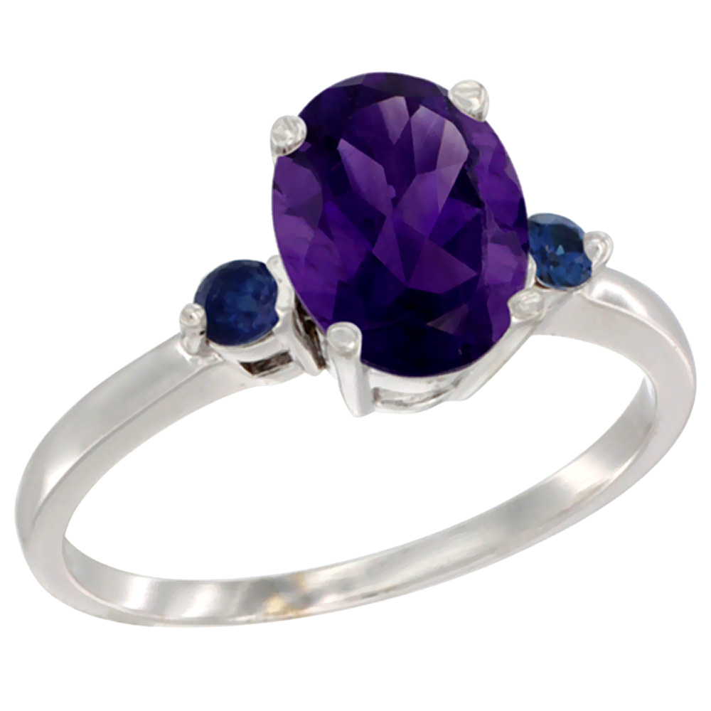 14K White Gold Natural Amethyst Ring Oval 9x7 mm Blue Sapphire Accent, sizes 5 to 10
