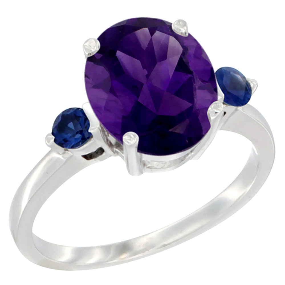 10K White Gold 10x8mm Oval Natural Amethyst Ring for Women Blue Sapphire Side-stones sizes 5 - 10