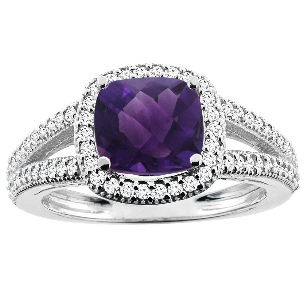 14K White Gold Natural Amethyst Ring Cushion 7x7mm Diamond Accent 3/8 inch wide, sizes 5 - 10