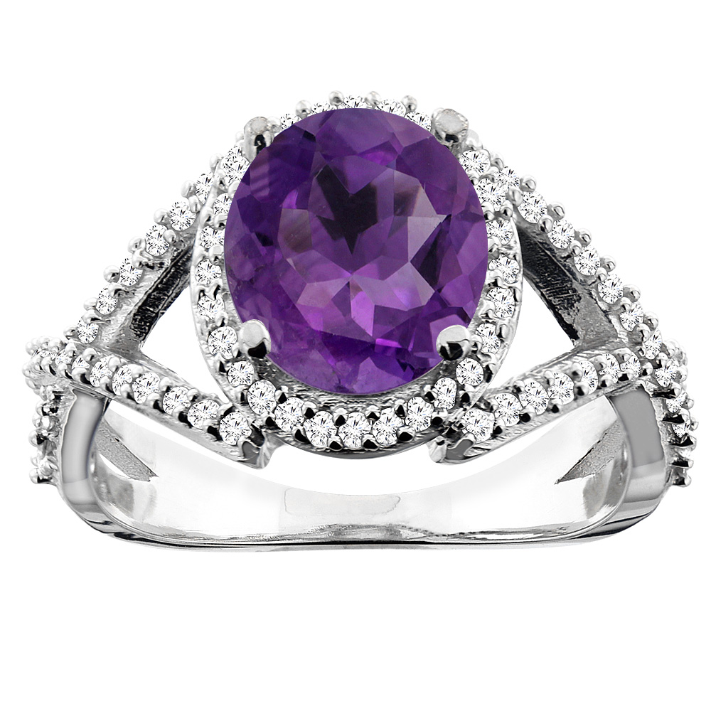 14K White/Yellow/Rose Gold Natural Amethyst Ring Oval 9x7mm Diamond Accent, sizes 5 - 10