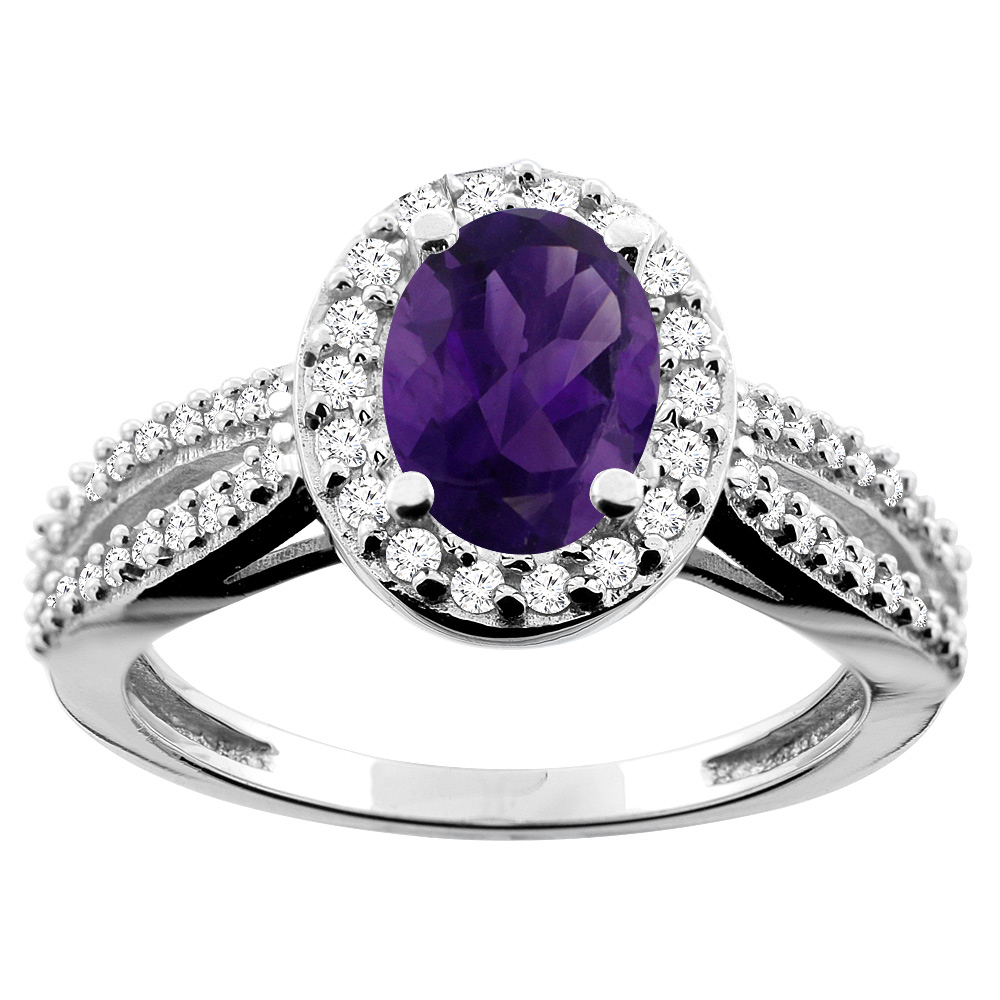 14K White/Yellow/Rose Gold Natural Amethyst Ring Oval 8x6mm Diamond Accent, sizes 5 - 10