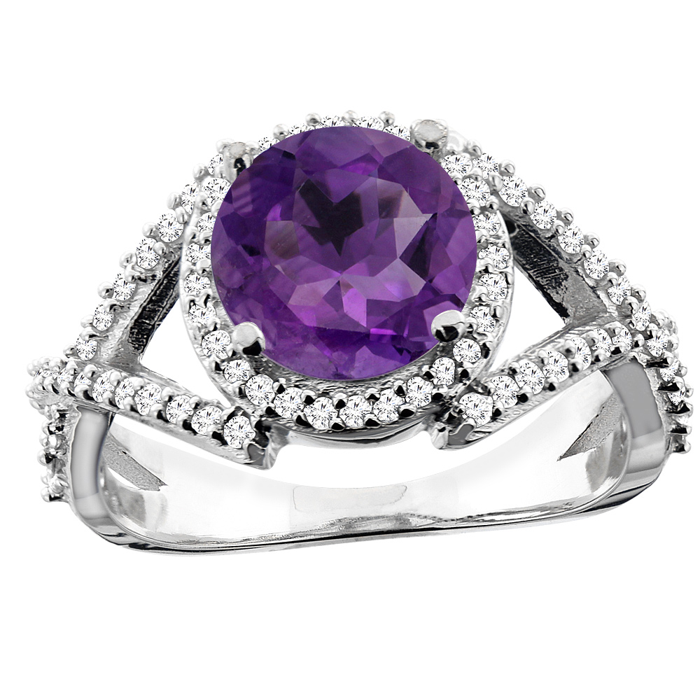 14K White/Yellow/Rose Gold Natural Amethyst Ring Round 8mm Diamond Accent, size 5
