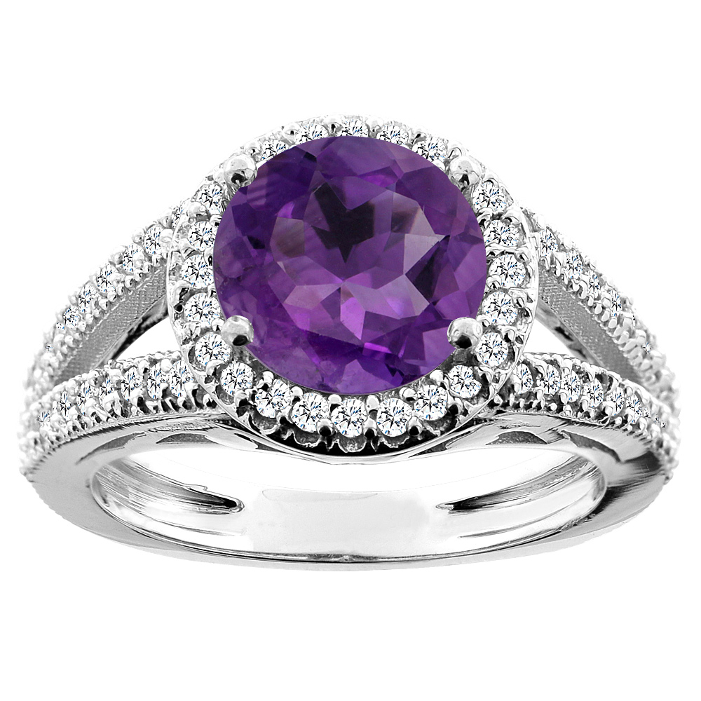 14K White/Yellow/Rose Gold Natural Amethyst Ring Round 8mm Diamond Accent, sizes 5 - 10