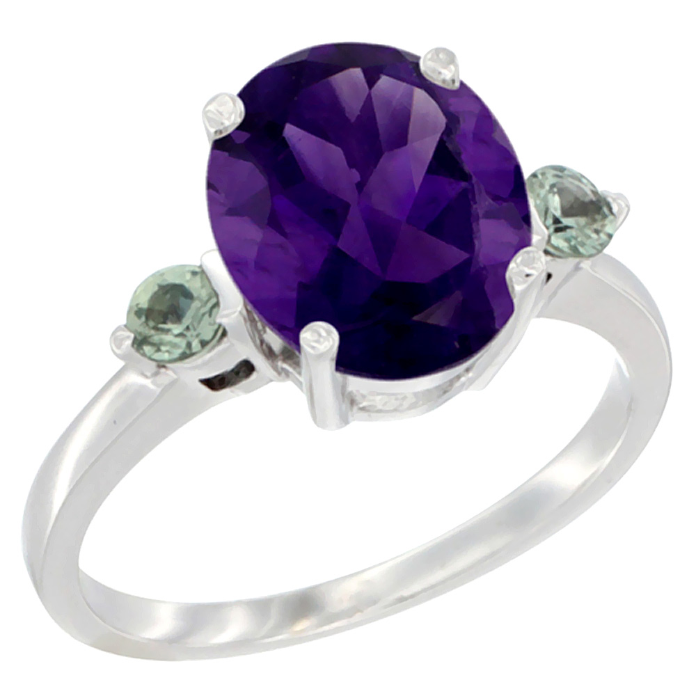 10K White Gold 10x8mm Oval Natural Amethyst Ring for Women Green Sapphire Side-stones sizes 5 - 10
