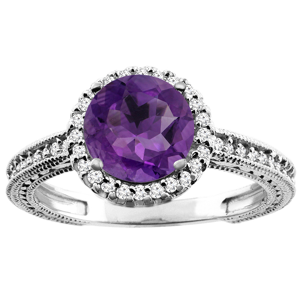 14K White/Yellow/Rose Gold Natural Amethyst Ring Round 7mm Diamond Accent, sizes 5 - 10