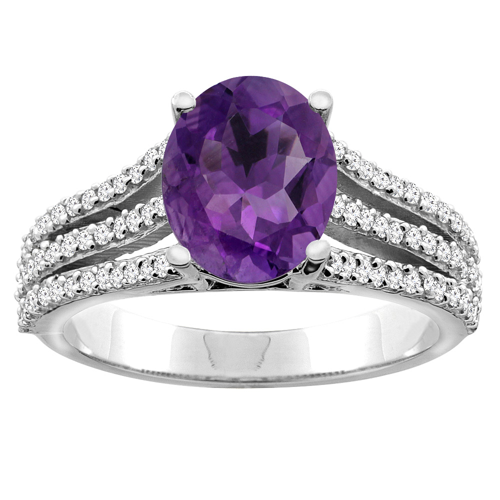 10K White/Yellow Gold Natural Amethyst Tri-split Ring Cushion-cut 8x6mm Diamond Accents 5/16 inch wide, sizes 5 - 10