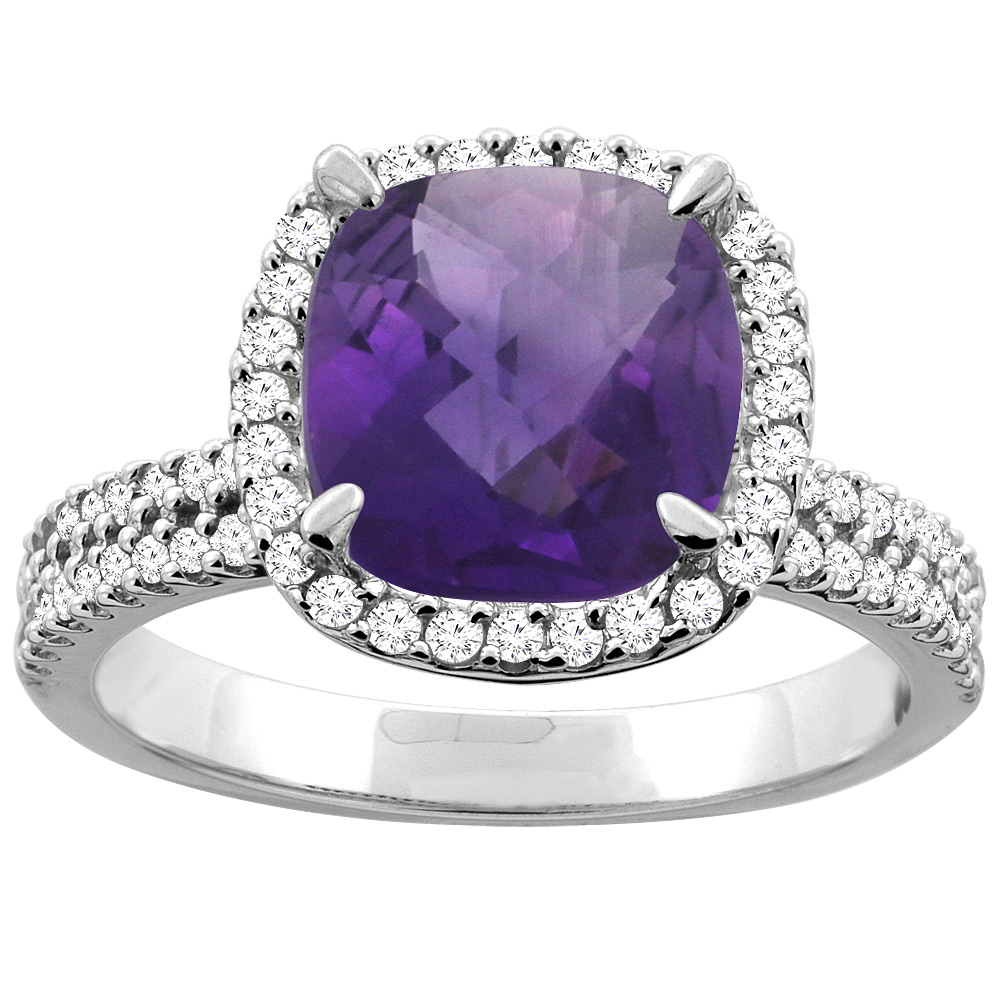 14K White/Yellow Gold Natural Amethyst Halo Ring Cushion 9x9mm Diamond Accent, sizes 5 - 10