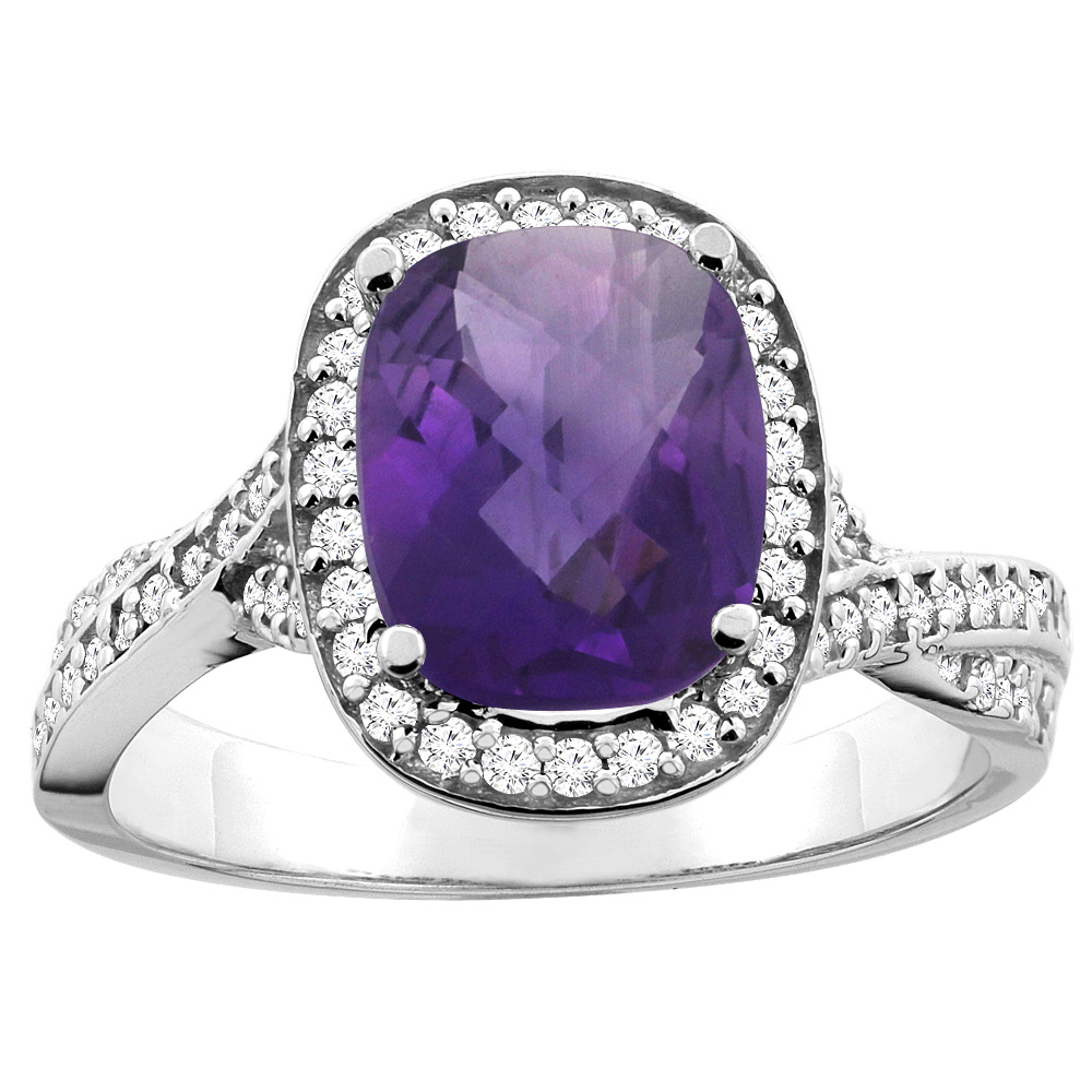 14K Yellow Gold Natural Amethyst Halo Ring Cushion 9x7mm Diamond Accent 1/2 inch wide, sizes 5 - 10