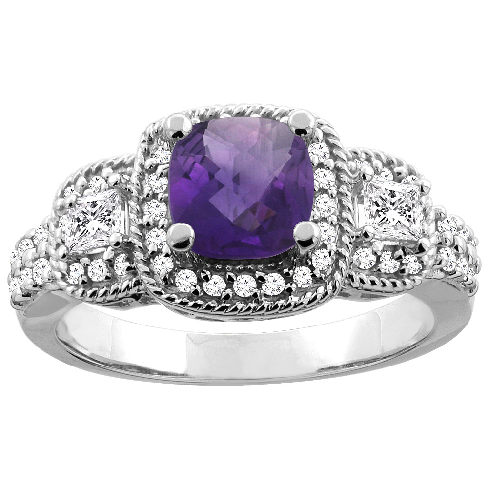14K White/Yellow Gold Natural Amethyst Ring Cushion-cut 6x6 mm Diamond Accent, sizes 5 - 10