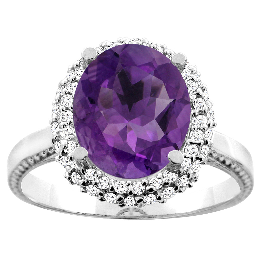 14K White/Yellow Gold Natural Amethyst Double Halo Ring Oval 10x8mm Diamond Accent, sizes 5 - 10