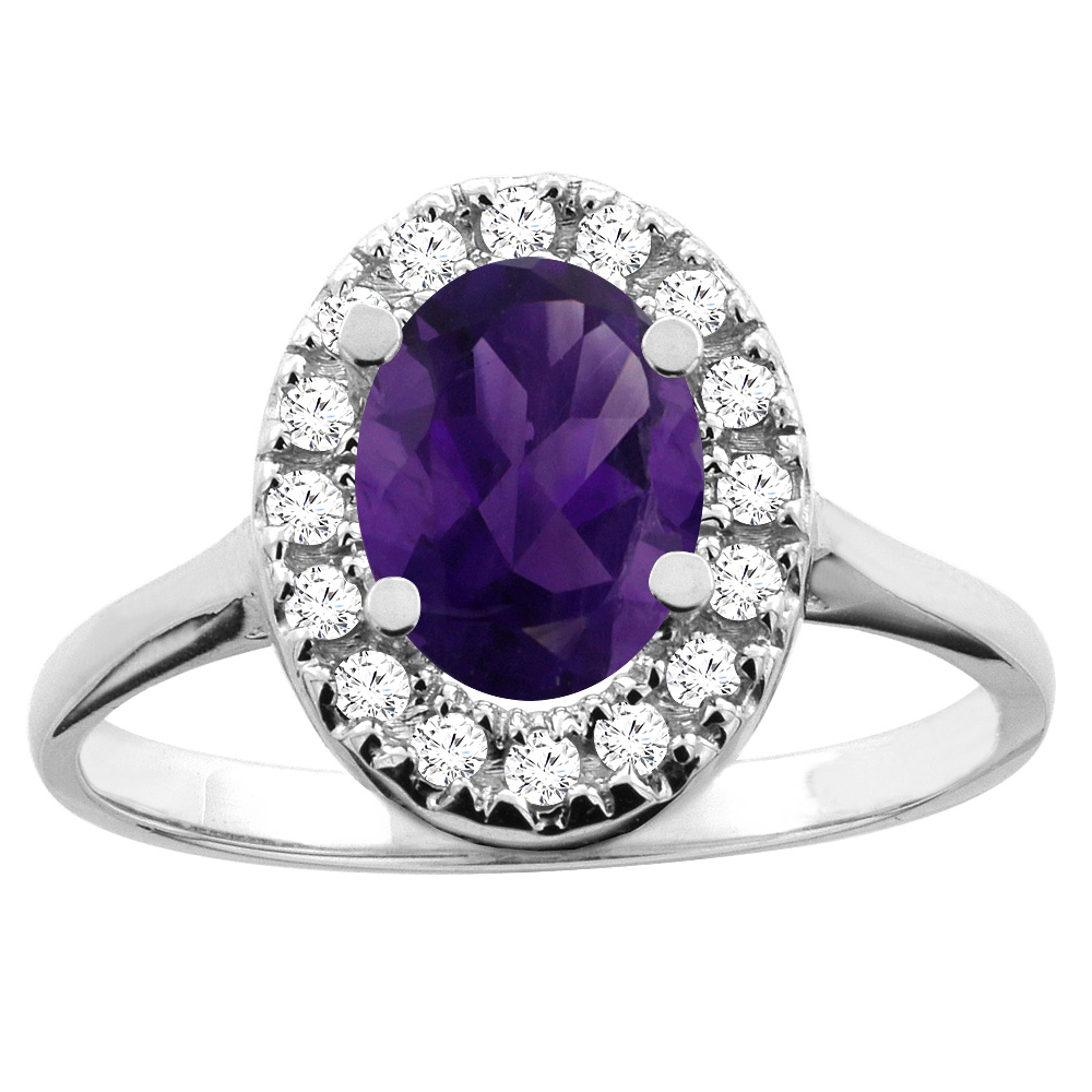 14K White/Yellow Gold Natural Amethyst Ring Oval 8x6mm Diamond Accent, sizes 5 - 10