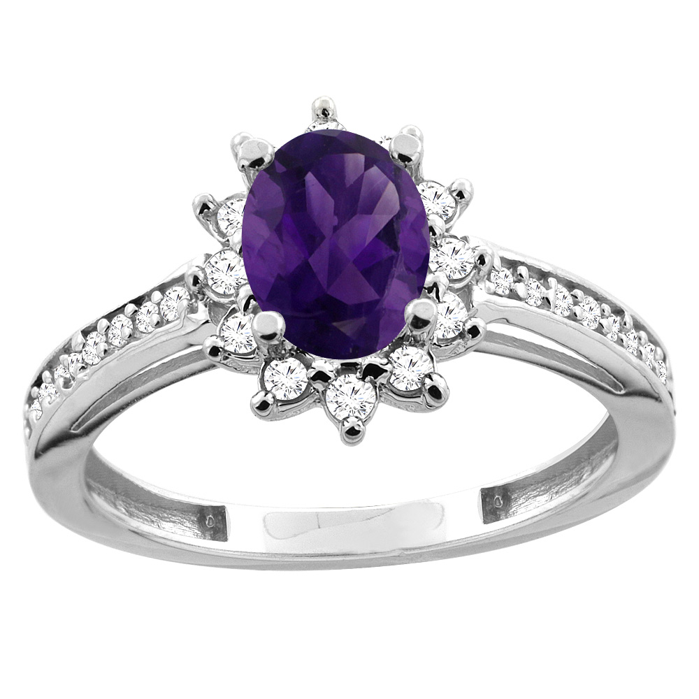 10K White/Yellow Gold Diamond Halo Genuine Amethyst Floral Engagement Ring Oval 7x5mm sizes 5 - 10