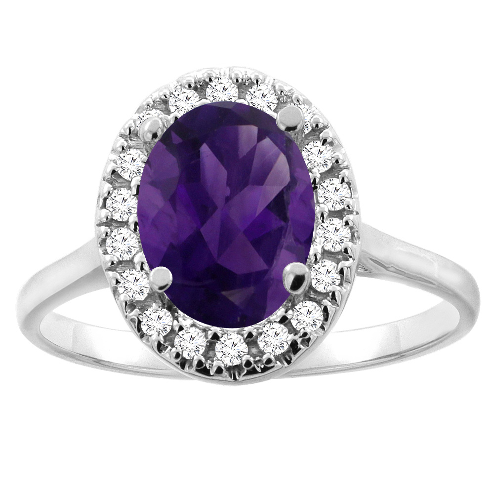 14K Gold Natural Amethyst Halo Ring Oval 9x7mm Diamond Accent, sizes 5 - 10