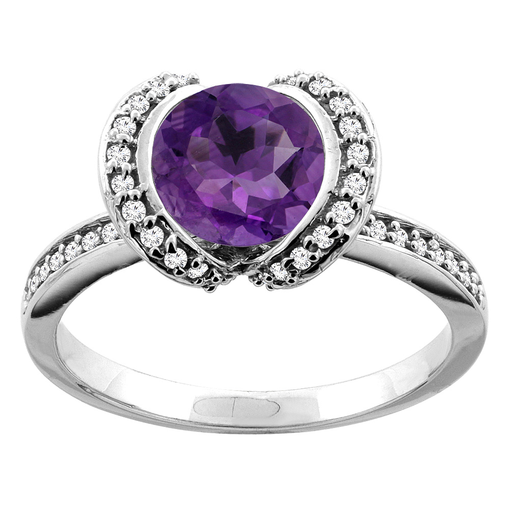 14K White/Yellow Gold Natural Amethyst Ring Round 7mm Diamond Accent, sizes 5 - 10