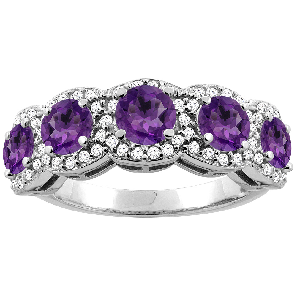 14K Gold Natural Amethyst 5-Stone Ring Round 4mm, sizes 5 - 10