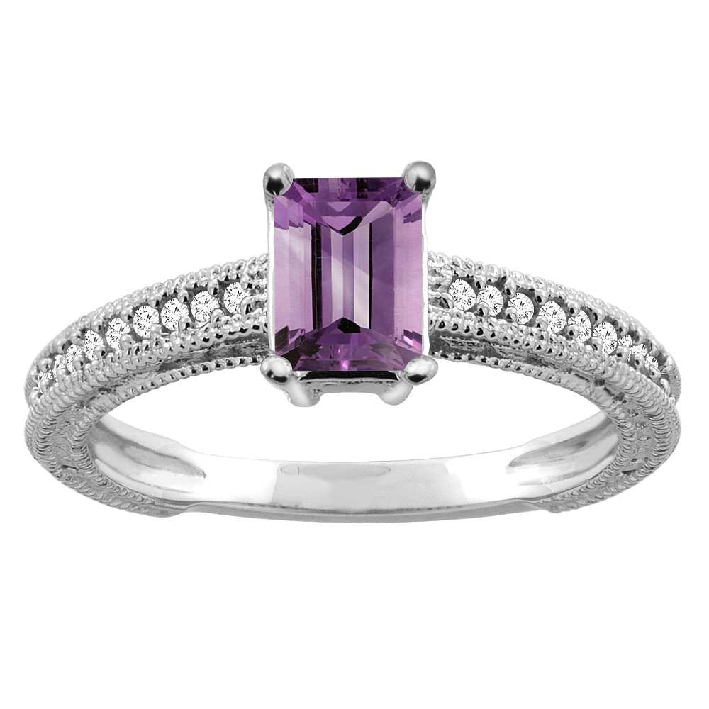 14K Gold Natural Amethyst Engagement Ring Octagon 8x6mm Diamond Accents, sizes 5 - 10