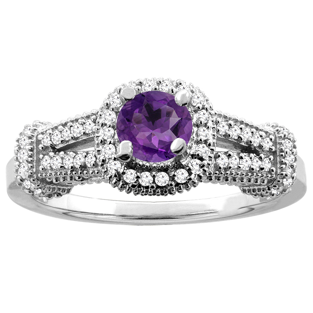 10K White Gold Diamond Halo Genuine Amethyst Engagement Ring Round 5mm Accents sizes 5 - 10