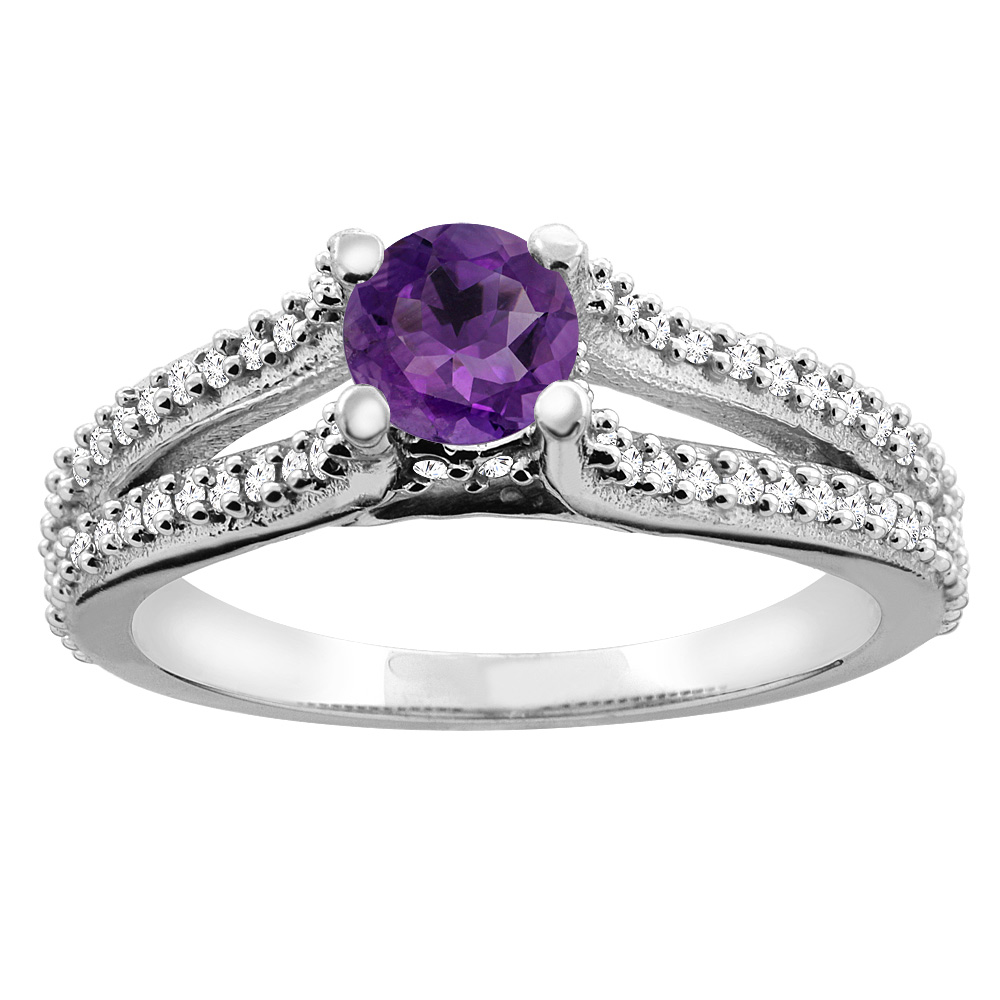 14K White Gold Natural Amethyst Engagement Split Shank Ring Round 5mm Diamond Accents, sizes 5 - 10