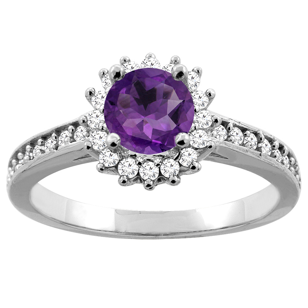 10K Gold Diamond Halo Genuine Amethyst Floral Engagement Ring Round 6mm sizes 5 - 10