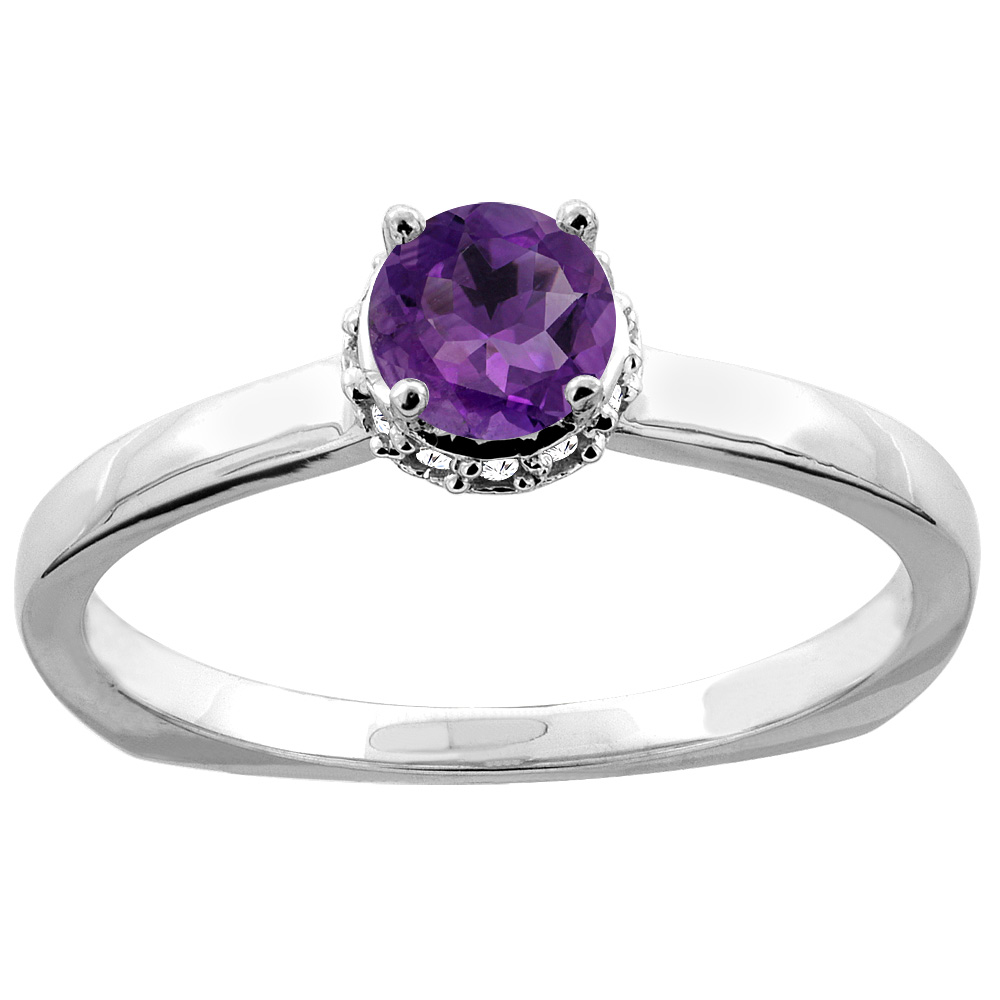 14K Gold Natural Amethyst Solitaire Engagement Ring Round 4mm Diamond Accents, sizes 5 - 10
