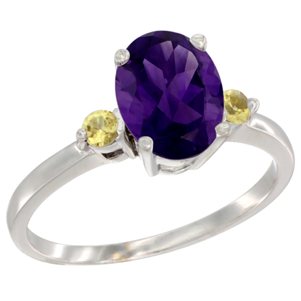 14K White Gold Natural Amethyst Ring Oval 9x7 mm Yellow Sapphire Accent, sizes 5 to 10