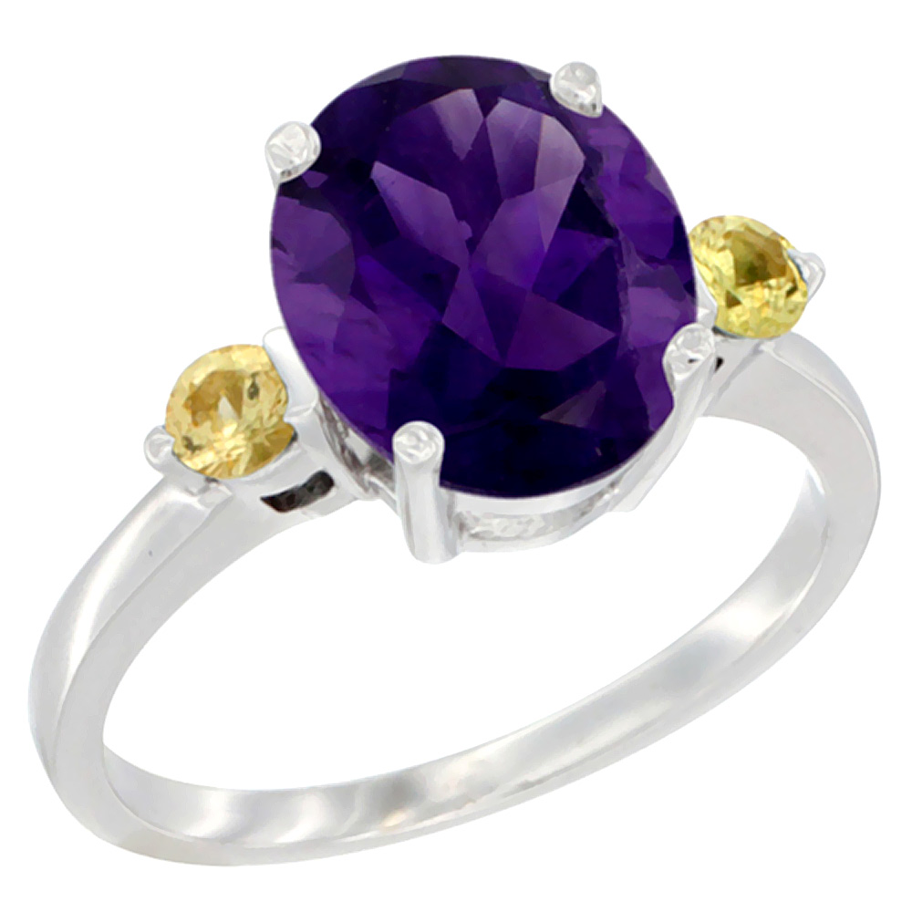 14K White Gold 10x8mm Oval Natural Amethyst Ring for Women Yellow Sapphire Side-stones sizes 5 - 10