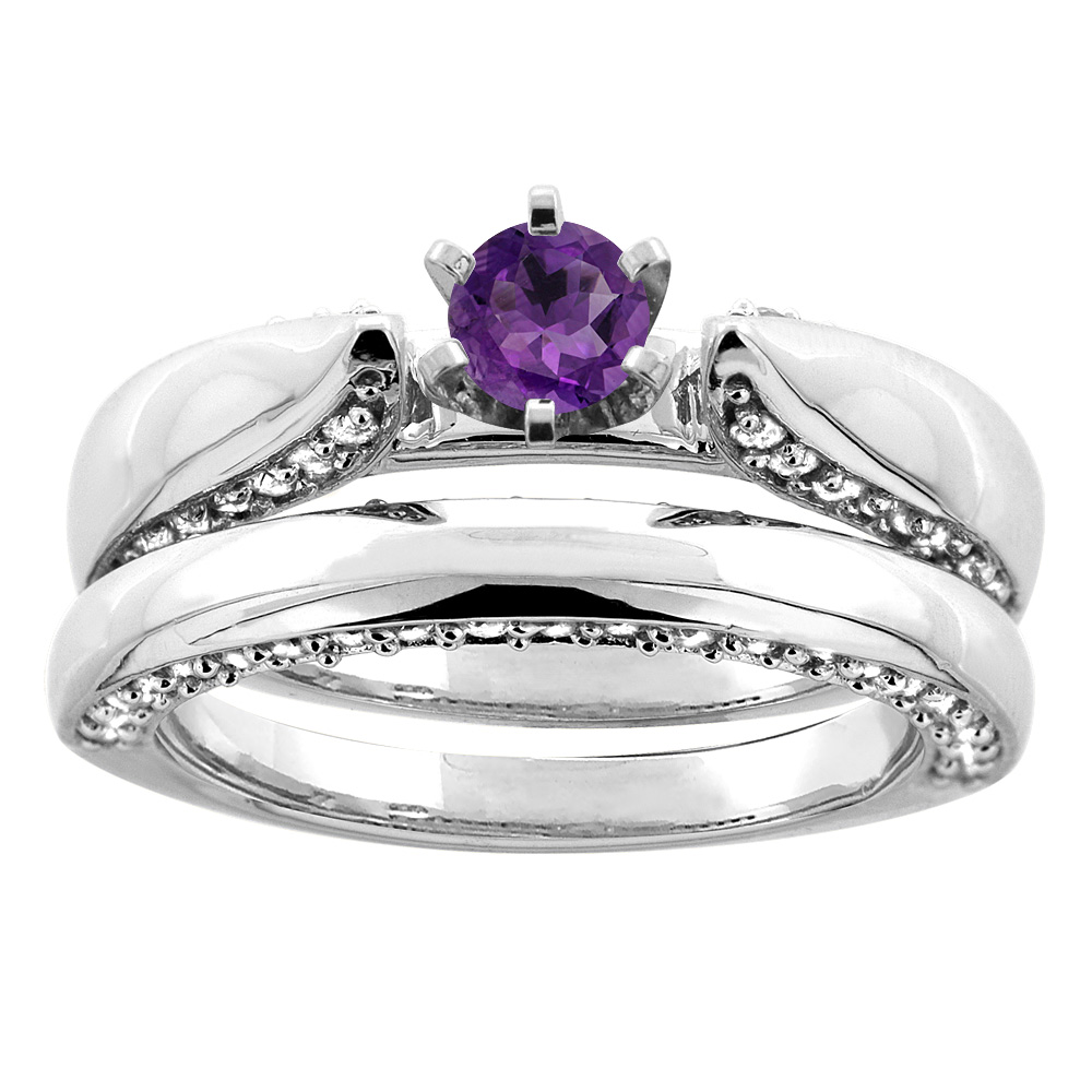 14K White Gold Natural Amethyst 2-piece Bridal Ring Set Diamond Accents Round 5mm, sizes 5 - 10