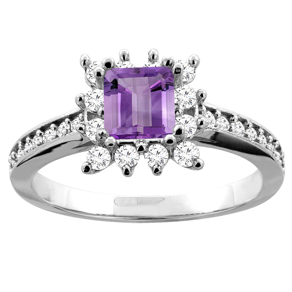 10K White Gold Genuine Amethyst Engagement Ring Diamond Accents Square 5mm sizes 5 - 10