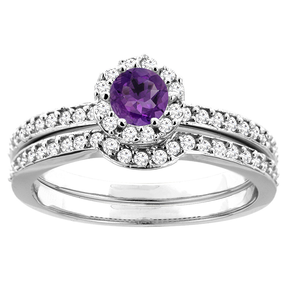 14K Yellow Gold Natural Amethyst 2-pc Bridal Ring Set Diamond Accent Round 4mm, sizes 5 - 10
