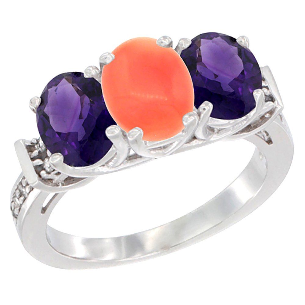 10K White Gold Natural Coral & Amethyst Sides Ring 3-Stone Oval Diamond Accent, sizes 5 - 10