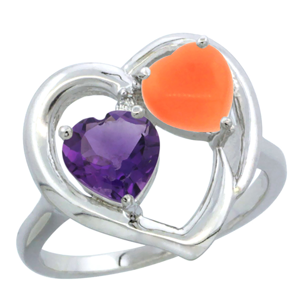 14K White Gold Diamond Two-stone Heart Ring 6mm Natural Amethyst &amp; Coral, sizes 5-10