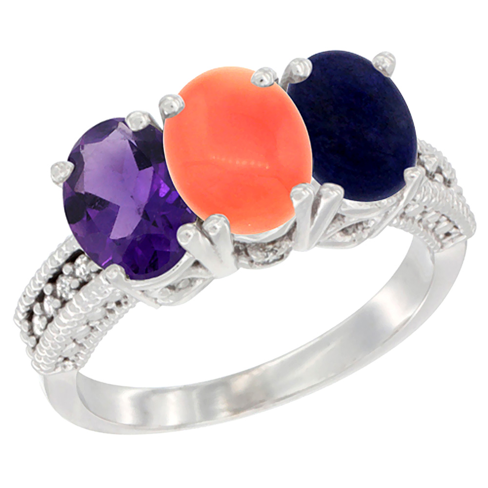 14K White Gold Natural Amethyst, Coral & Lapis Ring 3-Stone 7x5 mm Oval Diamond Accent, sizes 5 - 10